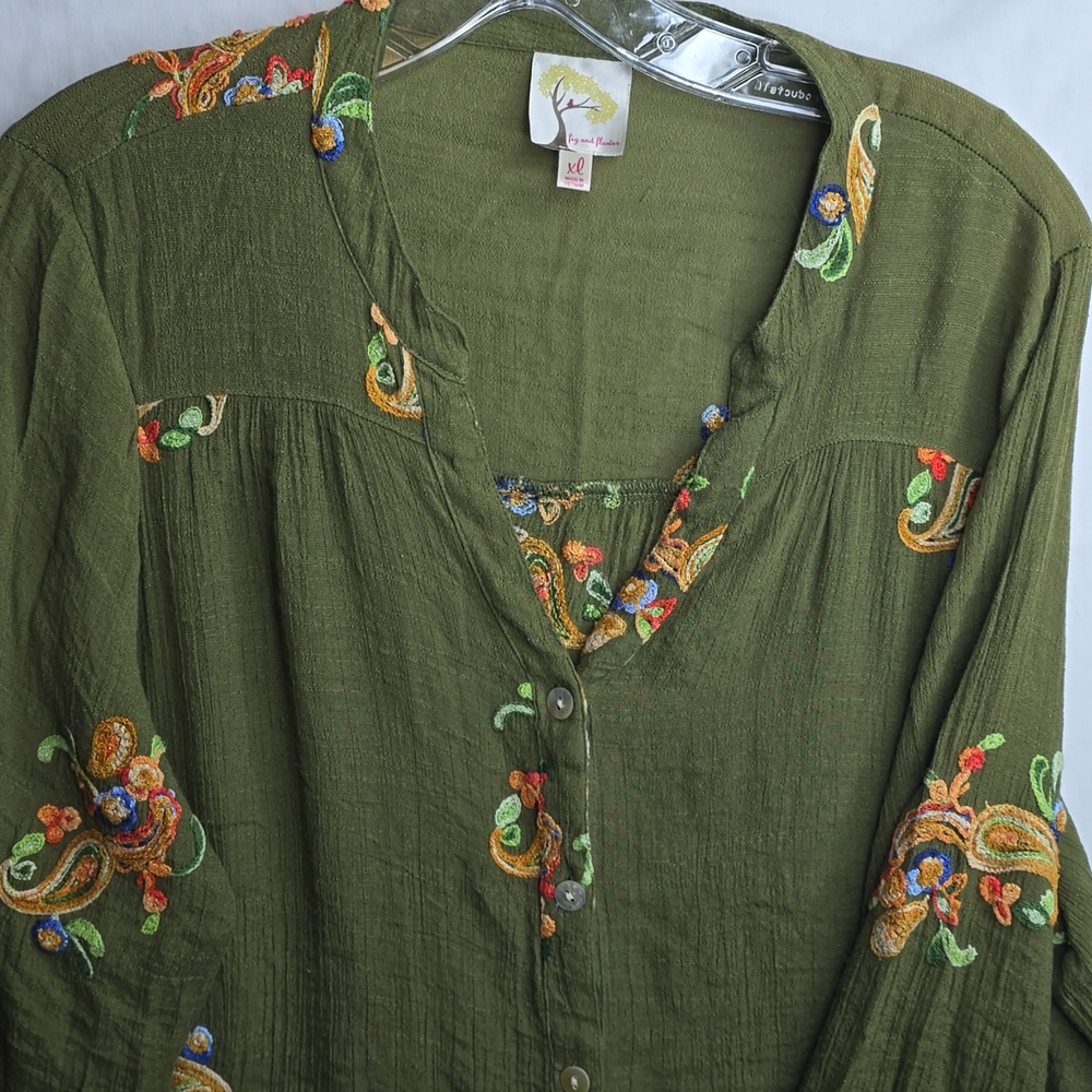Anthropologie Fig And Flowers Bohemian Olive Green Floral Paisley Embroidery